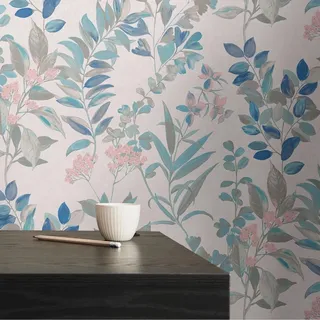 Bricoflor Tapetet Mit Blumen Gemalt Blätter Vliestapete Weiß Rosa Blau Landhaus Wandtapete Floral Für Schlafzimmer Und Flur