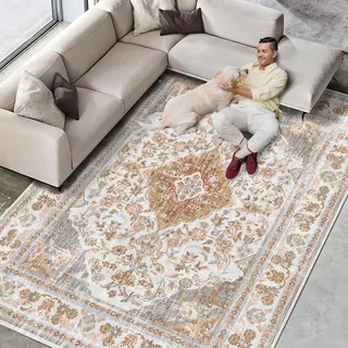 Vhong Boho-Teppich, waschbar, Vintage, modern, neutral, groß, Braun und Grau, 12,7 x 17,8 cm, für Esszimmer, Wohnzimmer, Schlafzimmer, Bauernhaus, rutschfest