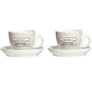 Ritzenhoff & Breker Espressotassen Retro Kitchen 2er Set I kleine Becher mit Henkel alternativ auch für Kaffee Lungo Americano Ristretto & Co I Porzellan Tasse mit Unterteller 80 ml in Creme blau