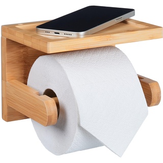 Relaxdays Toilettenpapierhalter mit Ablage, für Handy, Schlüssel, Klopapierhalter Bambus, HBT: 12,5x16,5x12,5 cm, natur