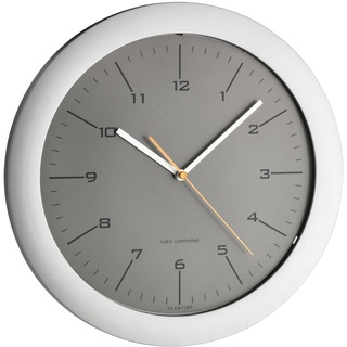 TFA Dostmann Design Funk Wanduhr, 60.3512.10, leises Uhrwerk, mit orangen Sekundenzeiger, ideals als Küchenuhr/Bürouhr, silber/grau