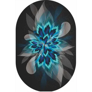 SRTJURFG Oval Kurzflor Teppich rutschfest, Waschbar Teppich, Flauschige Groß Schutzmatten für Wohnzimmer, Flur, Schlafzimmer, Kinderzimmer Teppich abstrakte Schwarze Blaue Blume, 80 x 200 cm