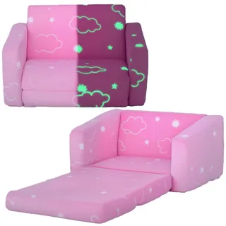 Beyamis Faltbares 2-in-1-babysofa Mit Hellem Stoffbezug, Inklusive Kissen Mit Wolkenmuster Und Waschbarem Bezug, Rosa
