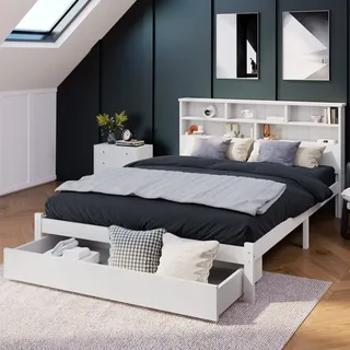 KUAKE Einzelbett mit Schrank, jugendbett mit Bücherregal & Unterbettschublade, weiß Bett mit Regalwand, Funktionsbett, Kinderbett, Jugendbett, Bettliege (140x200cm)