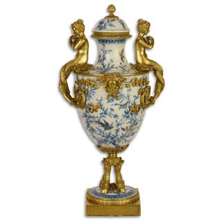 Casa Padrino Jugendstil Vase mit Deckel Weiß / Blau / Gold 25,8 x 24,5 x H. 51,3 cm - Barock & Jugendstil Deko