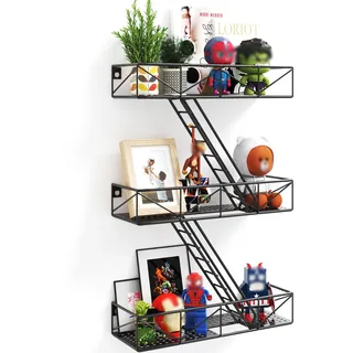 MVPSONAG Fire Escape Wandregal mit Korb, 3-stöckiges schwarzes Feuerleiter-Regal, Wand-Organizer, New York Metall-dekorative Regale, DIY schwebende Action-Figuren-Ausstellungsregal für Schlafzimmer,