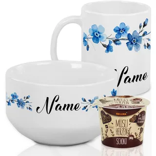 GRAZDesign Müslischale mit Tasse Set mit Namen personalisiert, Blaue Blumen, aus Keramik inkl. Geschenkbox und Müsli