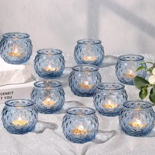 DARJEN Blaue Votivkerzenhalter, Set mit 24 runden Glaskerzenhaltern, Großpackung für Teelichter, Diamant-Textur-Kerzen, Votivkerzen für Hochzeit, Party und Heimdekoration