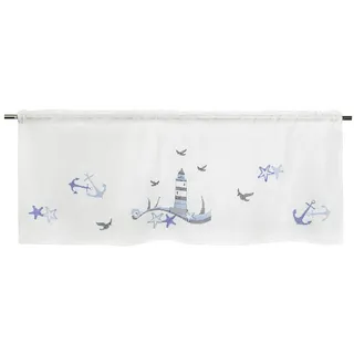 Delindo Lifestyle Scheibengardine Leuchtturm maritim, Stangendurchzug (1 St), halbtransparent, glattes Gewebe, leicht aufzuhängen per Stangendurchzug weiß