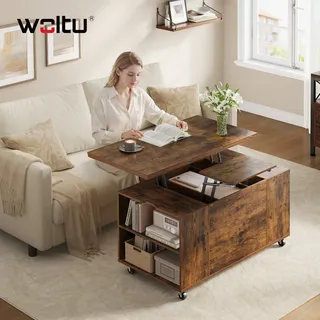 Woltu Couchtisch Höhenverstellbar Beistelltisch Mit Rollen Hebeplatte Schublade, Wohnzimmertisch Mit Offener Und Versteckter Stauraum, Für Wohnzimmer Büro, Rustikales Braun