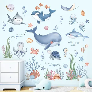 wondever Wandtattoo Unter dem Meer Fisch Wandsticker Ozean Wale Seetang