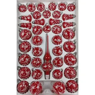 39 TLG. Glas-Weihnachtskugeln Set in Hochglanz Modern Rot Weisse Ornamente - Edle Neuheit - Christbaumkugeln - Weihnachtsschmuck - Christbaumschmuck