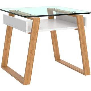 bonVIVO Beistelltisch weiß mit Glas Holz Materialmix - Couchtisch, Sideboard, Wohnzimmertisch - Modern Minimalistisch - Stilvoller Glastisch für Wohnzimmer, Schlafzimmer, Diele
