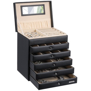 Yorbay Schmuckkasten Schmuckkästchen mit 6 Ebenen, 5 Schubladen (Mit Spiegel), zwei Farben, für Halsketten, Ringe, Armbänder, Ohrringe schwarz