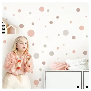 DEKO KINDERZIMMER Wandsticker Punkte für Babyzimmer 120 Stück Wandtattoo Dots Kreise zum Kleben in Rosa Beige Grau Set Kinderzimmer Wandaufkleber DK1000A-09