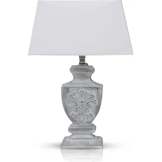 DRULINE Vintage Tischlampe im Landhausstil, Shabby Chic Nachttischleuchte mit Grauen Holzfuß und Lampenschirm, 1 x E27, Maße 37 x 53 x 17 cm – Ideal für Nostalgie- und Dekorliebhaber
