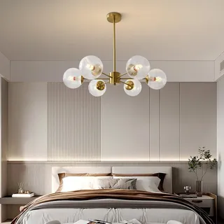 VTAMng Pendelleuchte Mid-Century Modern 6-flammiger Kronleuchter goldene Sputnik Pendellampe Vintage grüne Deckenleuchte aus gebürstetem Messing Glaskugel Kronleuchter für Schlafzimmer Flur Esszimmer