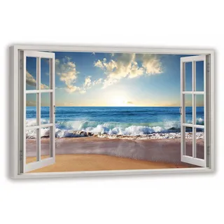 HUBDECO Leinwandbild Fensterblick Strandbild Bild 100x70 cm - Landschaftsbilder auf Leinwand - Wandbilder Wohnzimmer - Bild Fenster mit Ausblick - Aesthetic Room Decor - Wanddeko Schlafzimmer