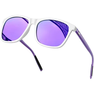 KANASTAL Größe Sonnenbrille Herren und Damen Retro Polarisiert Sonnenbrille UV400 Schutz für Reise Wandern Angeln Alltag, Glänzend Weiß Rahmen Verspiegelt Lila Gläser Lila Bügel - Einheitsgröße
