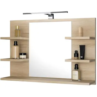FreshYou Badspiegel mit 5 Ablagen Badezimmerspiegel Spiegel Regal Wandspiegel Hängespiegel Badmöbel Spiegel Flurspiegel für Schlafzimmer für Badezimmer Sonoma Eiche 80X50 LED Lampe