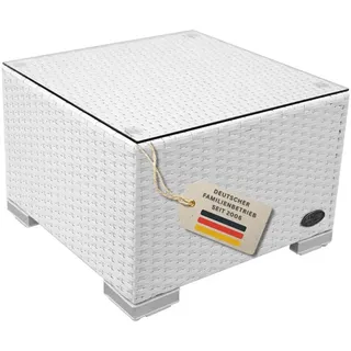 RS Trade Loungetisch Outdoor Rattan – Gartentisch & Beistelltisch aus Polyrattan, Balkontisch klein, Rattantisch für Lounge, auch als Hocker nutzbar, wetterfest, weiß, mit Abnehmbarer Glasplatte