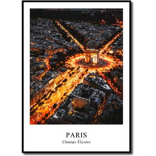 Rahmenbild Avenue des Champs-Élysées | Wandbild mit Rahmen Hochformat | Bild Poster Stadt | Arc de Triomphe Triumphbogen bei Nacht | Geschenkidee | Wohnzimmer Büro | Paris Night Glow | 50 x 70 cm