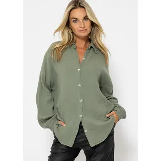 SASSYCLASSY Langarmbluse Oversize Musselin Bluse Damen kurz Langarm Elegant Hemdbluse lang aus Baumwolle mit V-Ausschnitt, One Size (Gr. 36-48) S/M (36/38)