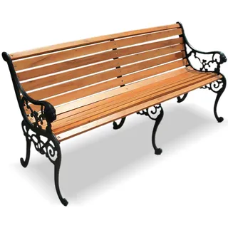 Massivholz Outdoor Bank mit Gusseisen Gestell, Bequeme Rückenlehne und Armlehnen für Garten, Park, Terrasse Sitzgelegenheit