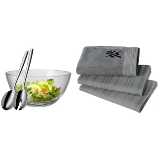 WMF Taverno Salatschüssel Set 3-teilig, Salatbesteck 25 cm mit Salatschale, runde Schale 23,5 cm & Küchenhandtuch-Set 3-teilig, Baumwolle Küchentücher, 2 Geschirrtücher, Handtuch, Geschirrhandtuch