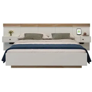 Sweiko Massivholzbett (Doppelbett mit Kopfteil und Lattenrost), Schwebebett,Kiefer weiß 284 cm x 205 cm x 90.5 cm