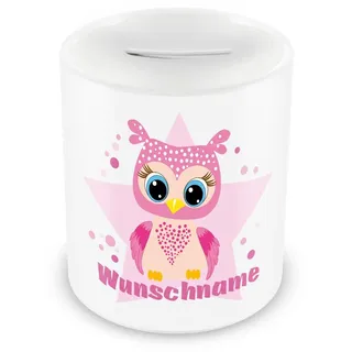 Samunshi® Kinder Spardose mit Namen und Große rosa Eule als Motiv für Kinder - Jungen und Mädchen Sparschwein 330ml weiß