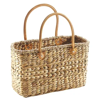 Kobolo Korbtasche aus Wasserhyazinthe mit Lederhenkeln 38x16x24 cm
