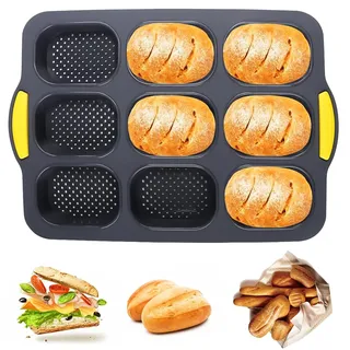 qhklew Brötchenbackform, 9 Hohlräume Antihaft Baguetteform Silikonformen, Brötchen Backblech Baguette Form Silikon für Backt Bread, Breadstick, Brötchen, Brot, Schwarz