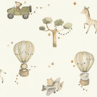 Rasch Tapete 302011 - Vliestapete mit Safari-Tieren in Grün und Beige, Kindertapete Safari Abenteuer - Kollektion Kids World