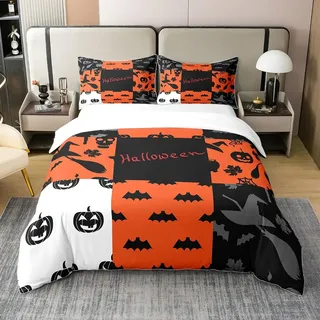 Halloween Bettwäsche Set 135x200 Horror Kürbis Laterne 100% Baumwolle Bettbezug,Gotische Gespenstische Tröster Abdeckung Gotische Fledermäuse Spinnweben Schwarz Rot Halloween Bett mit 1 Kissenbezug