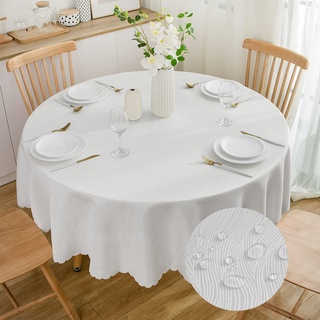 SPRICA Weiß Runde Jacquard-Tischdecke Rund 200cm Durchmesser, wasserabweisend, einfarbig, schwere & weiche Qualität, Wasserfluss-Musterdesign, maschinenwachbar