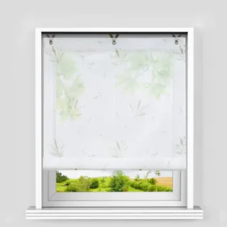 Heichkell Raffrollo mit Ösen Voile Raffgardine Blätter-Motiv Raffrollo ohne Bohren Küche Gardine Landhausstil Transparenter Vorhang Kinderzimmer Weiß BreitexHöhe 100x130 cm