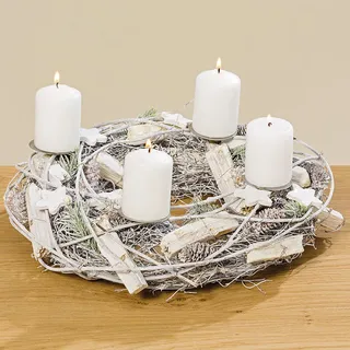 Adventskranz Natur / Weiß mit Deko (1010467) Adventsdeko Weihnachtsdeko Kranz