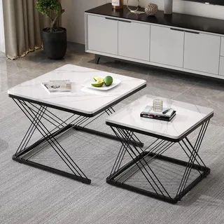 BTM Stilvolles 2-teiliges Couchtisch-Set, quadratische Tische in 60x60x45cm & 45x45x40cm, hochglänzende Marmoroptik, höhenverstellbare Füße, bis 30kg belastbar, Hochglanz-Kombi-Couchtisch