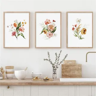 Sarah Duke Blumen Poster Wohnzimmer, 3er Set Aquarell Blumen Wandbilder Kunstposter, Wanddeko Aesthetic Bilder Leinwand Set, Ohne Rahmen (50 x 70 cm)