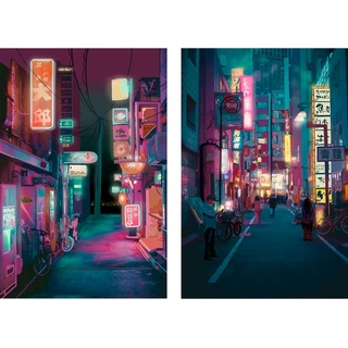 Japan-Kunst-Poster-Set von 2 – Japanischer Druck Kunstwerk auf Leinwand Rolle – Tokyo Anime Wandkunst Bild Geschenk – Preppy Night City Wanddekor Poster für Zimmer Ästhetisches Schlafzimmer Küche