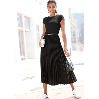 LASCANA Midikleid "mit Plisseerockteil, bügelfreie Qualität", Damen, Gr. 42, N-Gr, schwarz, Web, Obermaterial: 100% Polyester.