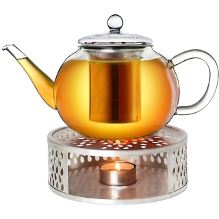 Creano Teekanne aus Glas 1,6l + ein Stövchen aus Edelstahl, 3-teilige Glasteekanne mit integriertem Edelstahl Sieb und Glasdeckel, ideal zur Zubereitung von losen Tees, tropffrei