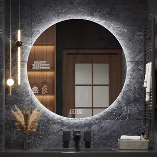 Badwandspiegel rund 80 cm LED Beleuchtet - ANTI-FOG - 3 Leuchtfarben, Spiegel mit Farbeinstellung und Helligkeitseinstellung - Einstellbereich - IP44 - groß modern für Badezimmer Schminktisch