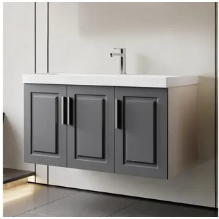 Karen Waschtisch-Set Waschtisch mit Unterschrank Arin Anthrazit, (Komplett-Set, Standartmäßig 2-Teilig (Unterschrank, Waschbecken), 3-St., Der Lieferumfang umfasst Unterschrank und Waschbecken), Landhaus-Stil, Matt-PVC-Beschichtung, Keramikwaschbecken grau 100 cm