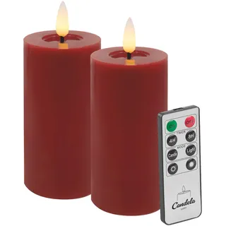 Candela LED Kerzen 2er Set H:10xØ5cm Winter rot glatt Echtwachs mit Fernbedienung Timer Funktion & mehrstufig dimmbar flammenlos Echtwachskerzen Stumpenkerze