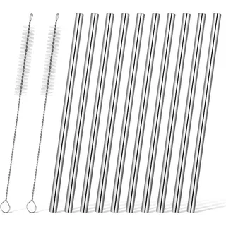 10PCS Edelstahl Strohhalme, Wiederverwendbare Edelstahl Strohhalm Set mit 2 Reinigungsbürsten, Metallstrohhalme für Cocktails, Getränke zu Hause und Unterwegs 15 * 0.6cm