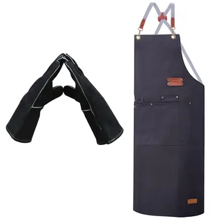 ETLEE Grillhandschuhe Hitzebeständig 300°C Leder +Canvas Grillschürze für Männer – Ofenhandschuhe & Kochschürze Herren mit Metallknöpfen, Grillzubehör Geschenk für BBQ, Küche - 90*75 CM