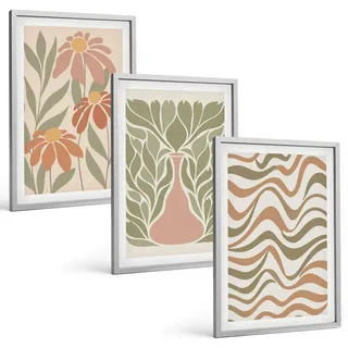 BILDER SET 3er Set - 40x60 cm Silberner Rahmen - Abstrakte Pastellblumen