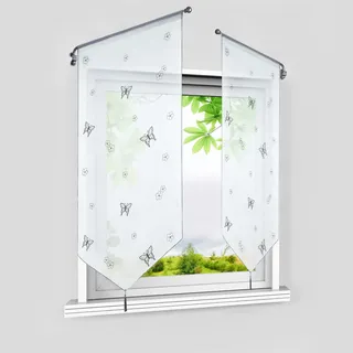 HeichkelL Voile Scheibengardinen Schmetterling Muster Transparente Bistrogardine mit Quaste Fenster Kurzstore Blumenmotiv Küche Tunnelzug 1 Stück Grau BxH 80x150 cm